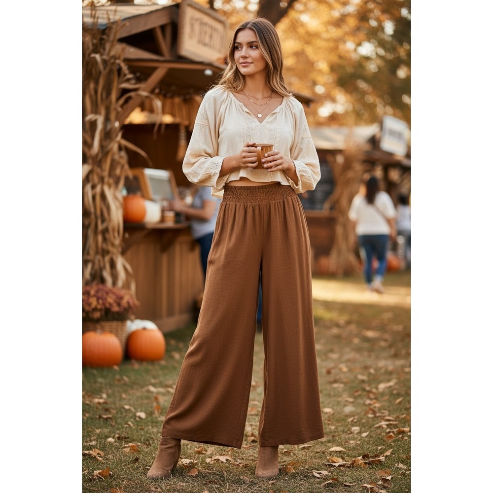 Sanctuary Wide Leg Smocked Waist Pants Pull On Sz L Brown Boho Festival
